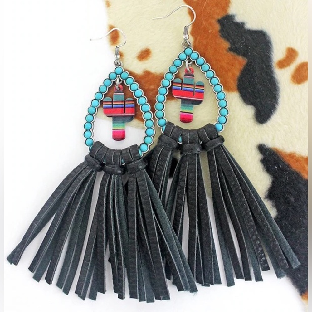 Serape cactus rainwood black fringe earrings